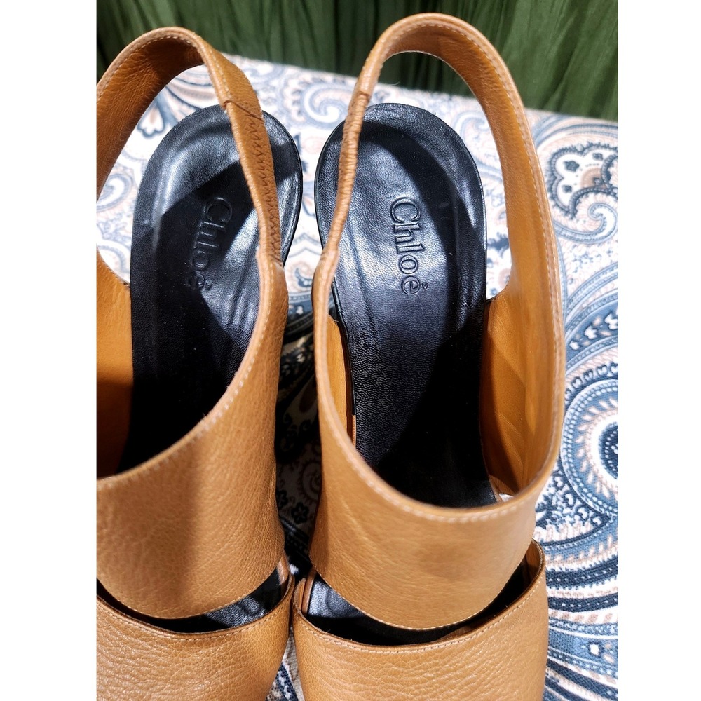 Chloe Tan Pebbled Leather Gold Accent Wedge Sandals Slingback Peep Toe Size 36 - Picture 7 of 7